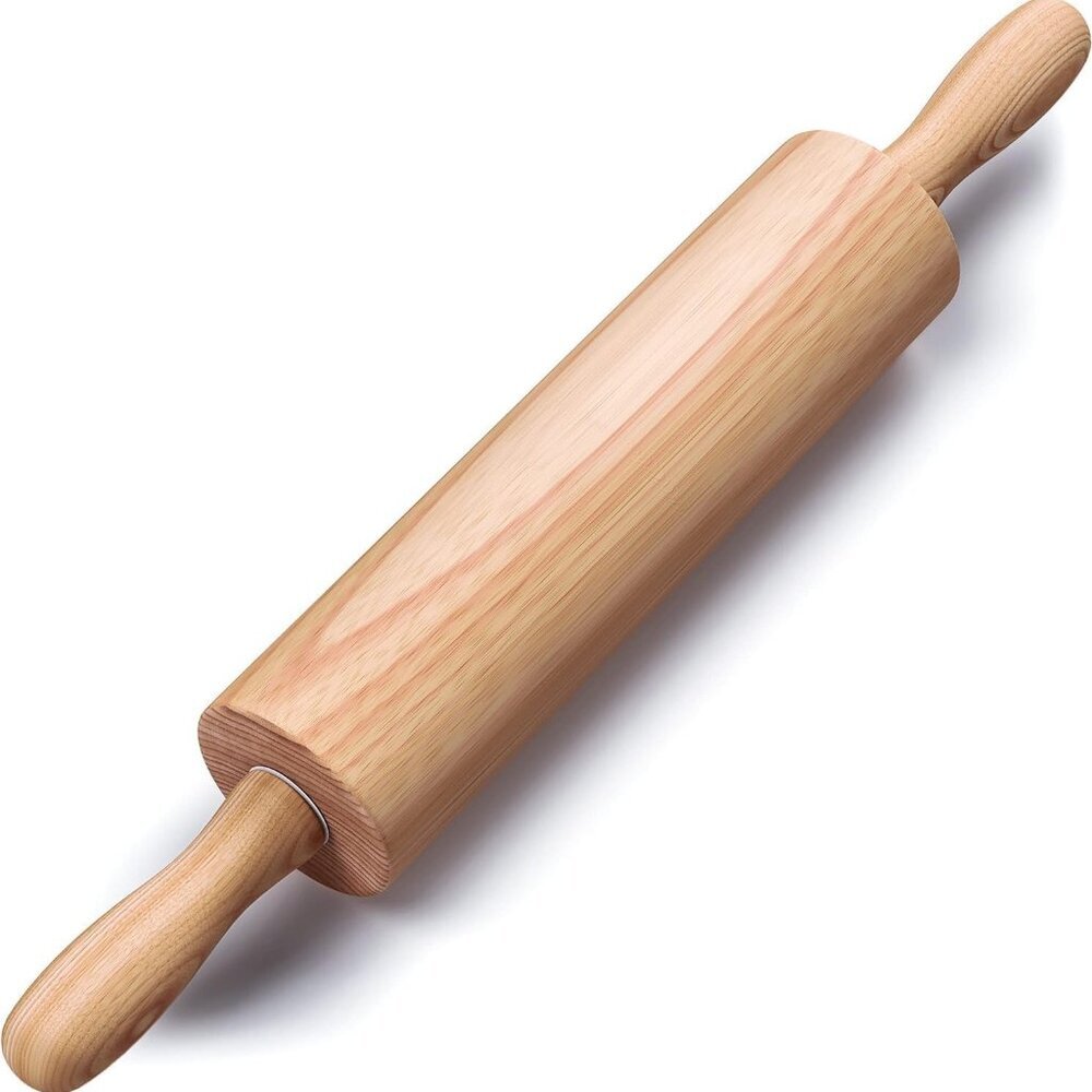 Wooden Rolling Pin 17.6 Inch with Rotating Ergonomic Handles – Classic Beech Woo